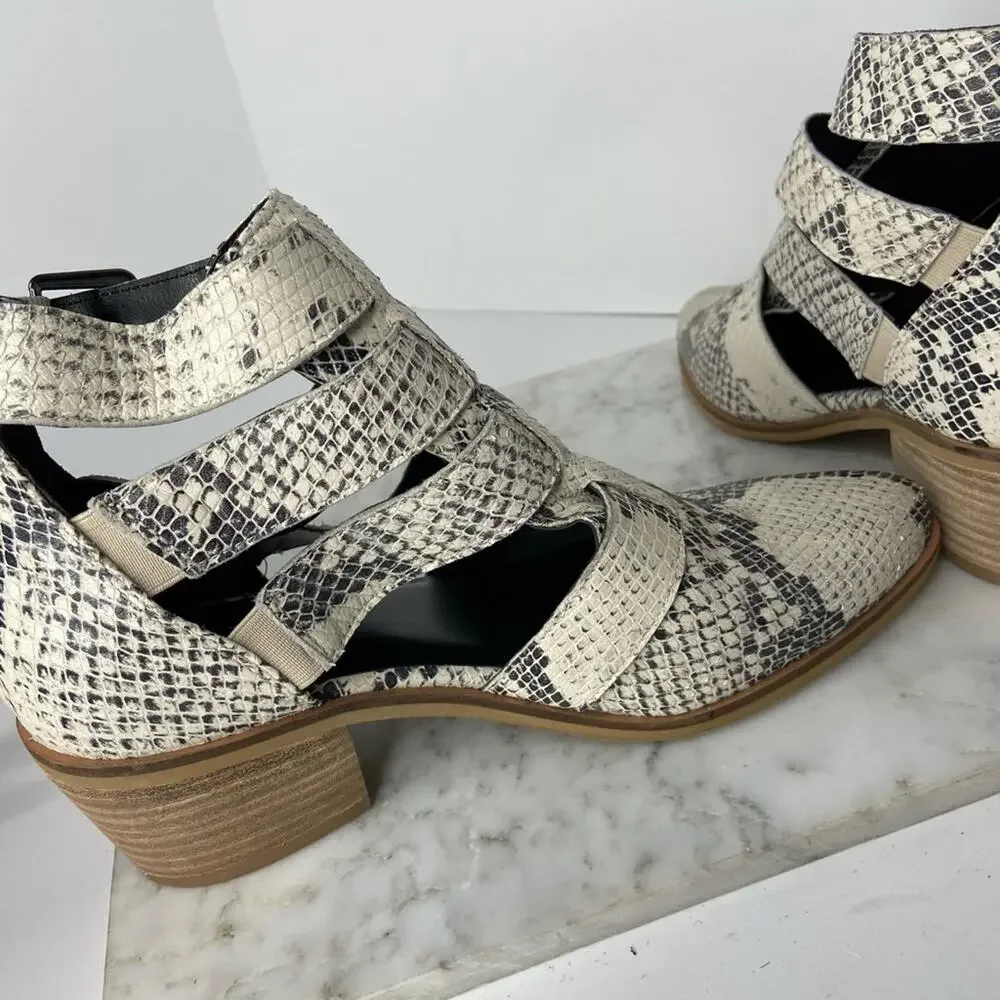 New Crevo Python Snakeskin Ankle Boots Cream Leather Cutout Heeled Bootie 7.5
